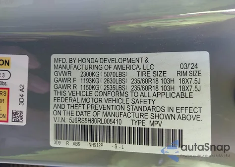 2024 Honda Cr-V Hybrid Sport-L из США, поврежденный, VIN 5J6RS5H80RL005410